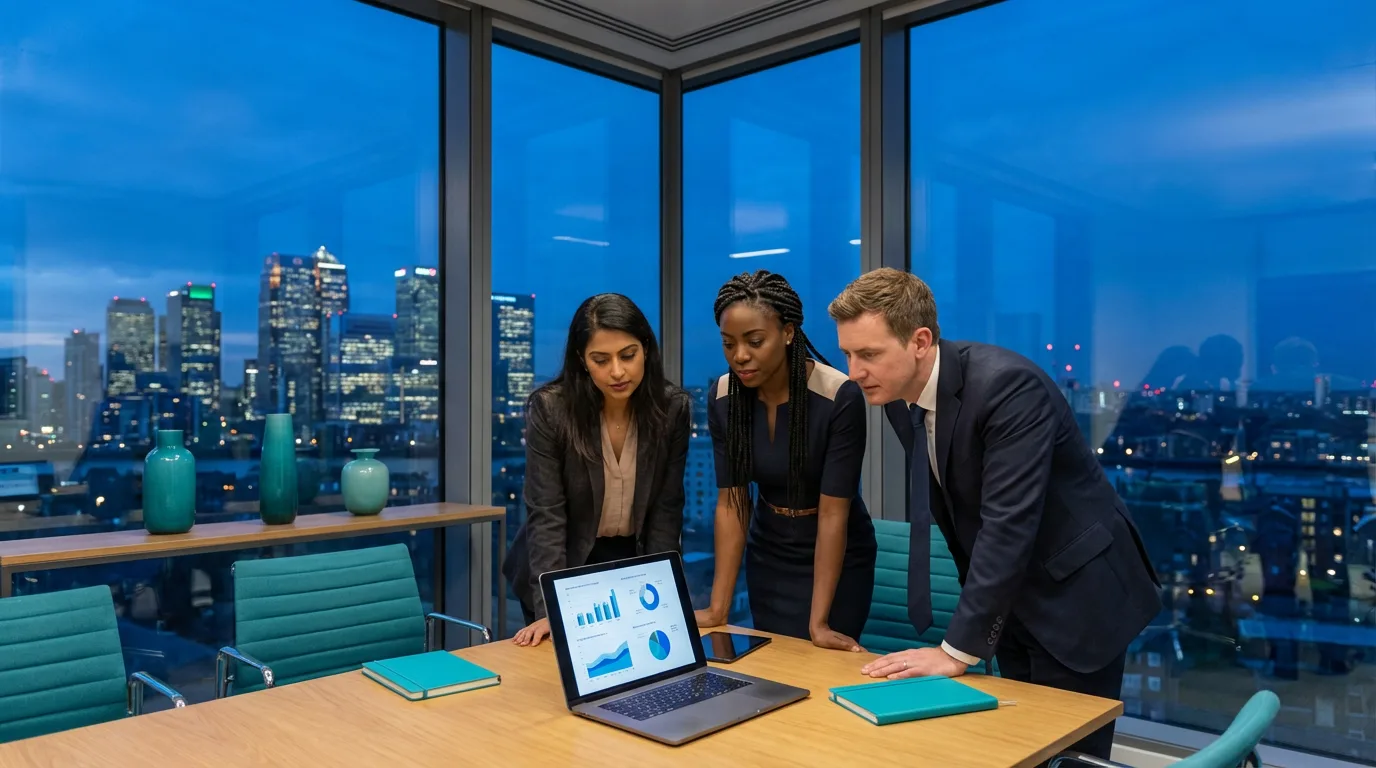 Diverse professional team in a modern London office reviewing UK salary benchmarking data — Meridian Careers.